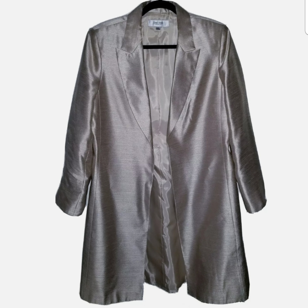 Jones Studio Sz 14 Champagne Gold Metallic Long Jacket Open Front Blazer EC